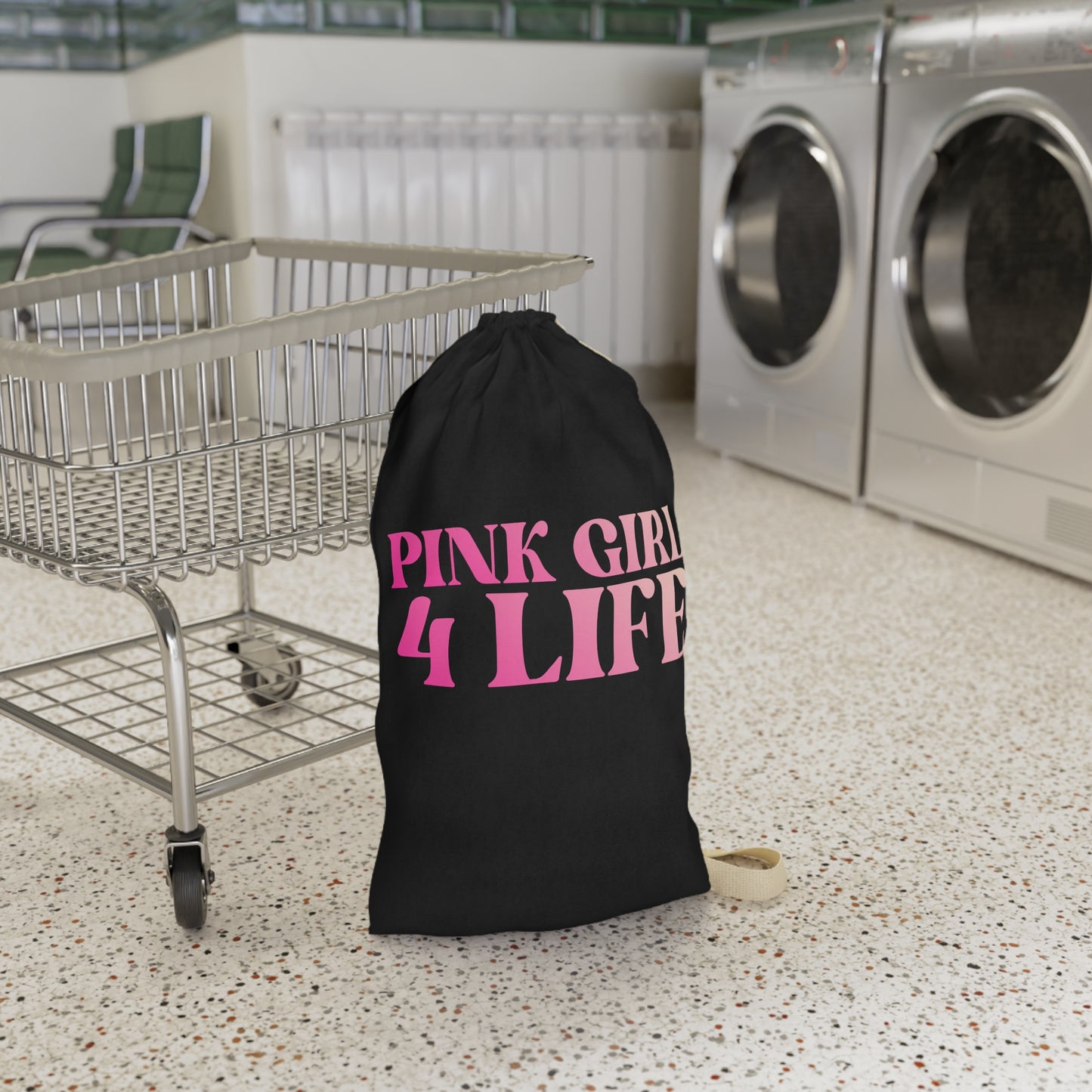 Pink Girl 4 Life Custom Black Laundry Bag – Double-Sided Inspirational Pink Girl Laundry Sack | Spun Polyester Drawstring Bag