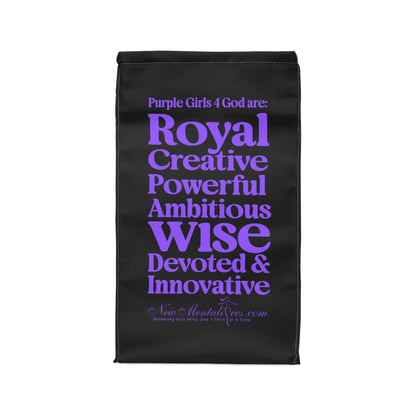 Purple Girls 4 God Black Contrast Lunch Tote – Double-Sided Inspirational Faith Lunch Bag | Insulated Lunch Bag | Gift for Girls & Women