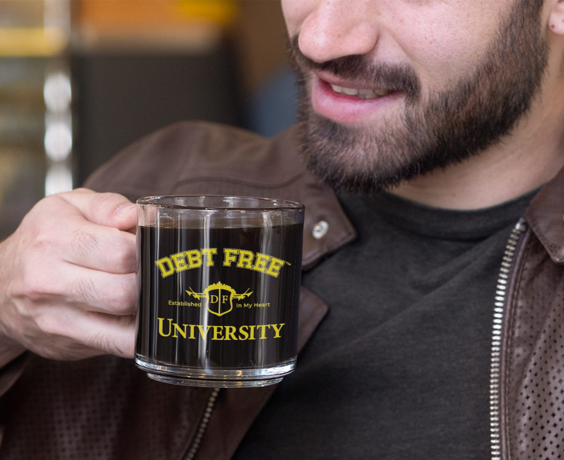 Debt Free University 10oz Clear Mug - Financial Freedom Glass Coffee Cup, Motivational Money Mindset Gift Budgeting & Graduation Inspiration