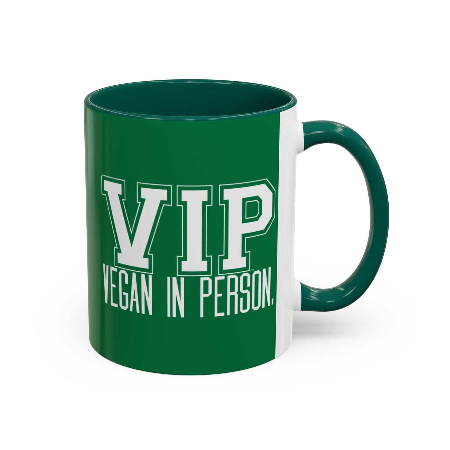 VIP Vegan Vegan In Person Plant Based Statement Mug | Light Green, Dark Green, Pink, Orange, Light Blue, Navy, Purple, Red, and Black