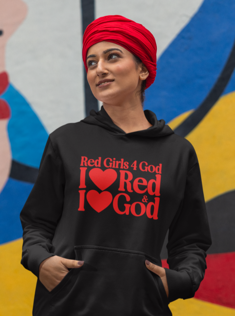 Red Girls 4 God Adult Hoodie | Black Contrast