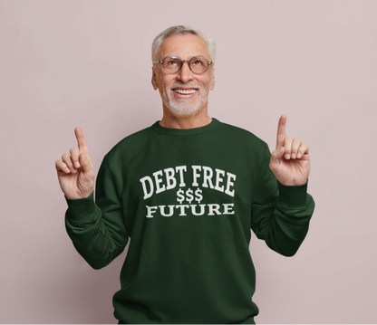 Man wearing a green sweatshirt with 'DEBT FREE $$$ FUTURE' text, pointing upwards against a light pink background