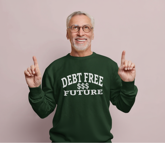 Man wearing a green sweatshirt with 'DEBT FREE $$$ FUTURE' text, pointing upwards against a light pink background